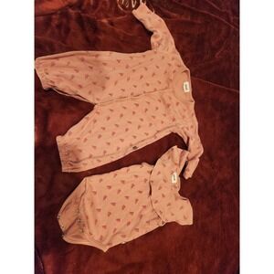 Oeuf Organic Cotton Baby Set Pink Floral Romper 6M and Ruffle Bodysuit 3M